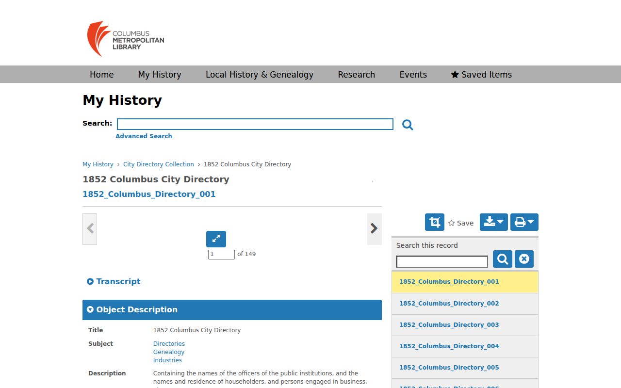 Clinton Township city directory research view of the 1852 Columbus directory