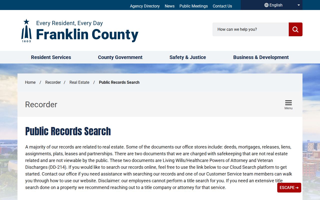 Clinton Township residents directory Franklin County Recorder public records search