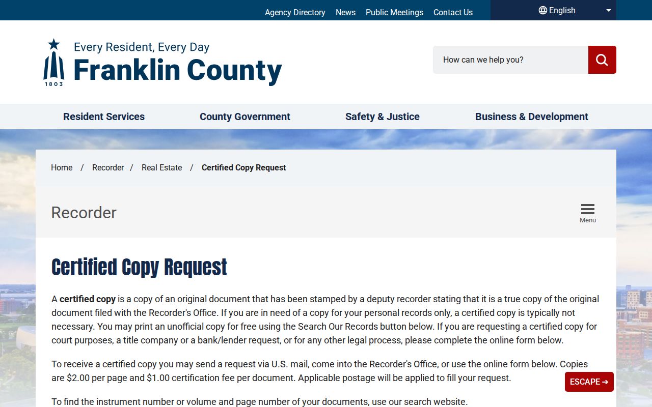 Clinton Township previous residents Recorder certified copy request