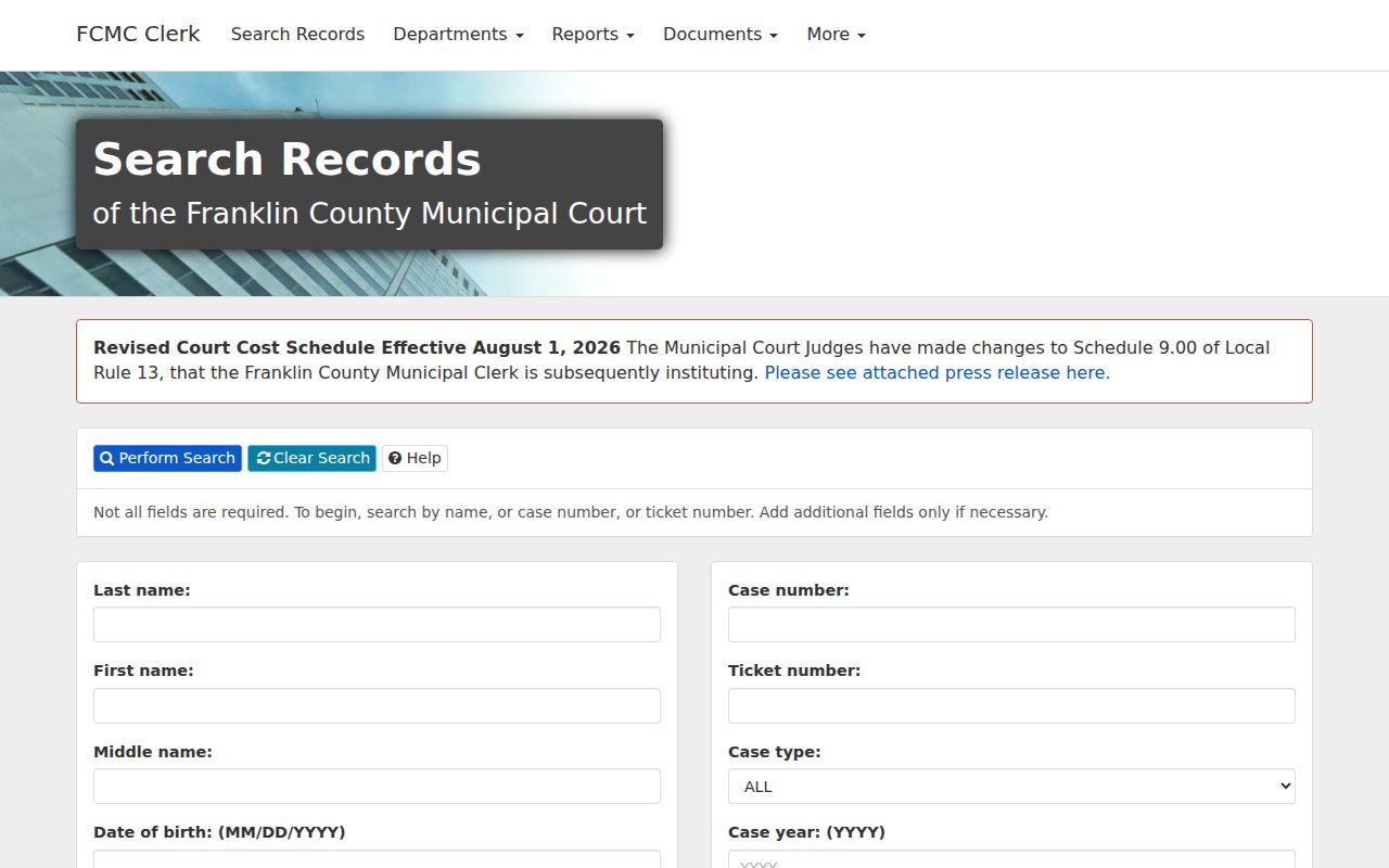 Clinton Township resident lookup view of Franklin County Municipal Clerk case search