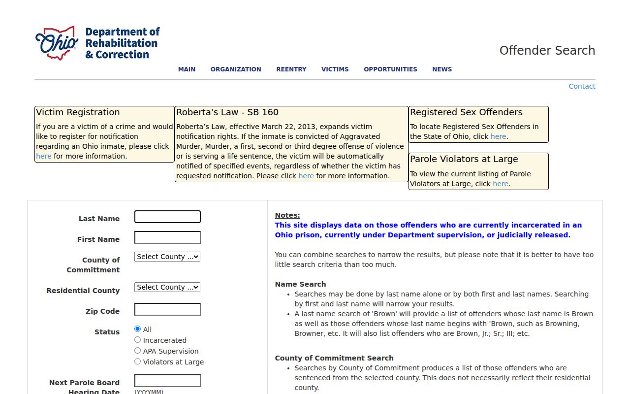 Clinton Township resident lookup view of Ohio DRC Offender Search