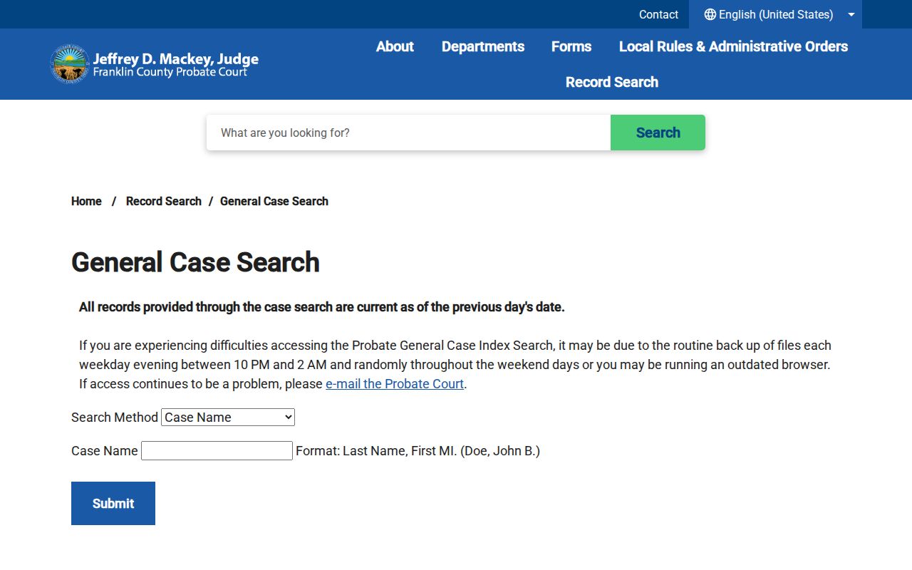 Clinton Township resident lookup view of Franklin County Probate General Case Search